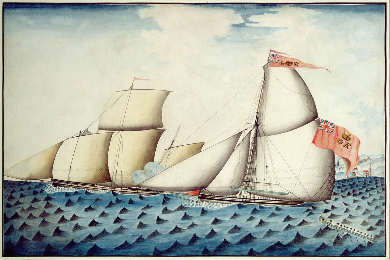 De verovering van The Four Brothers door The Badger, Revenue Cutter, c.1823 door English School