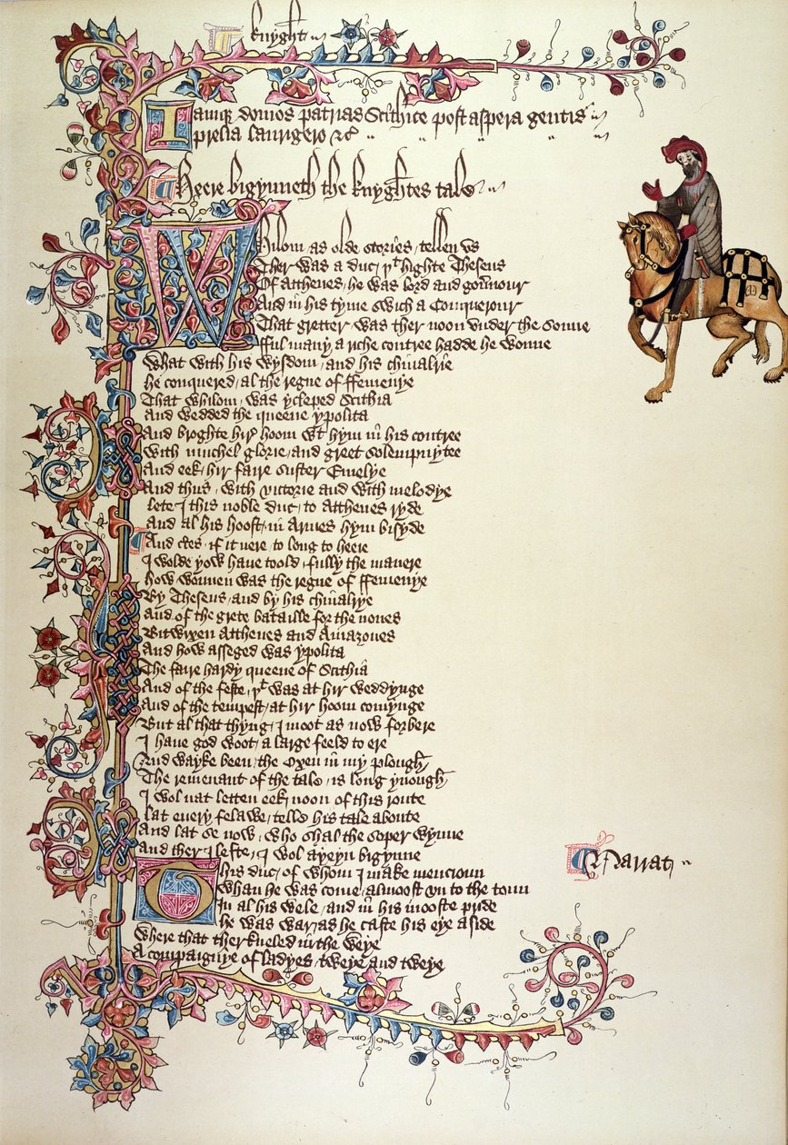 De Ridder, detail uit The Canterbury Tales, door Geoffrey Chaucer (ca. 1342-1400) Ellesmere Manuscript, facsimile editie, 1911 (detail) door English School