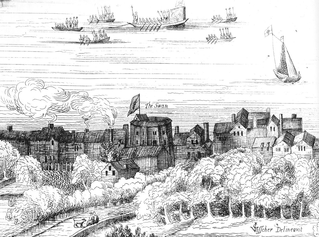 Het Zwanentheater aan de Bankside zoals het verscheen in 1614 door English School