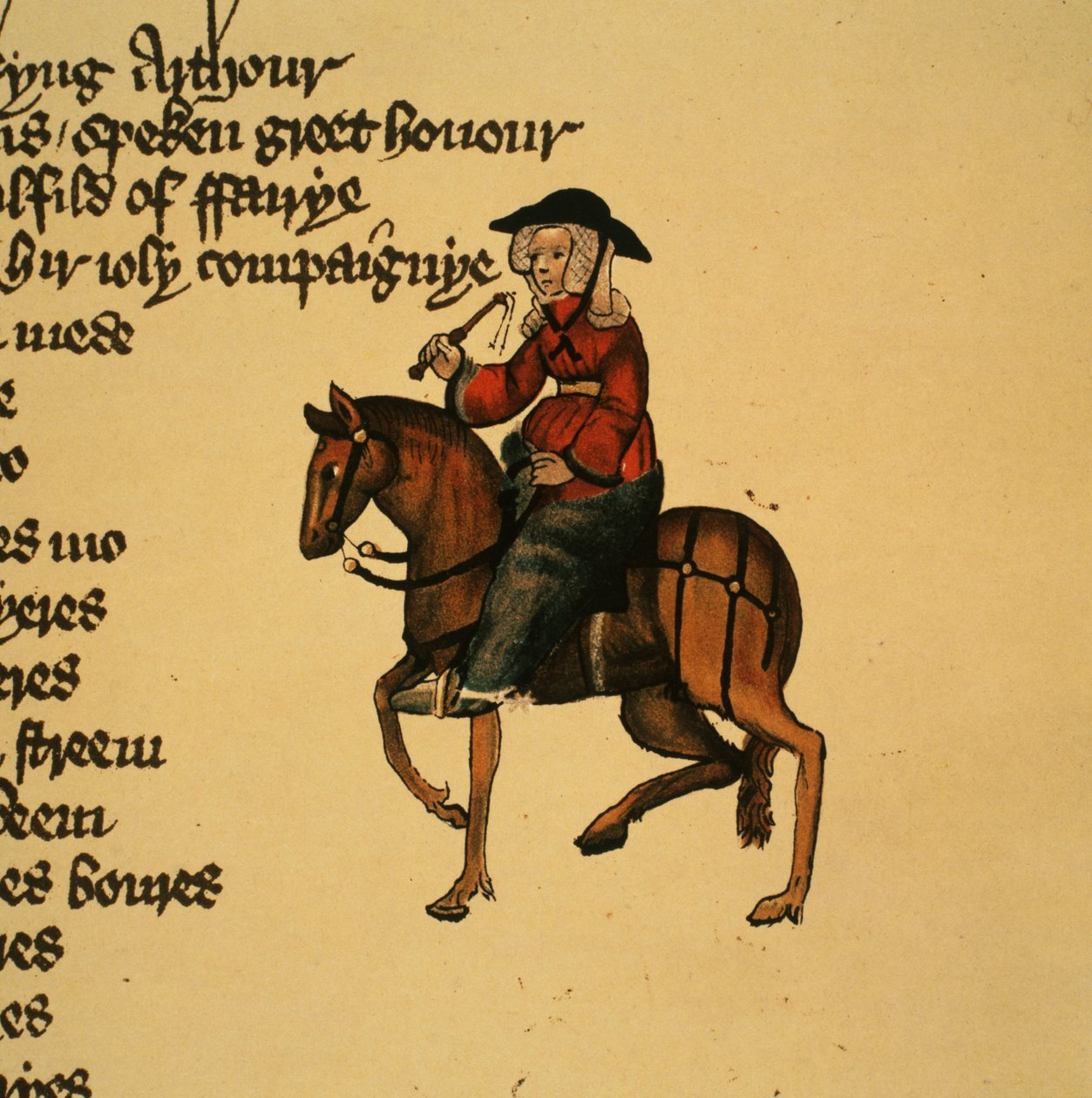 De Vrouw van Bath (detail) uit The Canterbury Tales, door Geoffrey Chaucer, Ellesmere Manuscript, facsimile editie, 1911 door English School