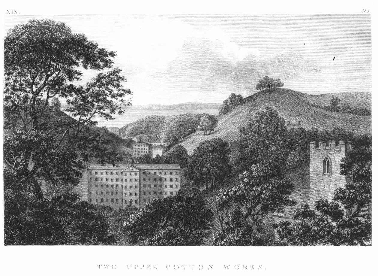 Twee Bovenste Katoenfabrieken, New Lanark Textielfabrieken, 1796 door English School