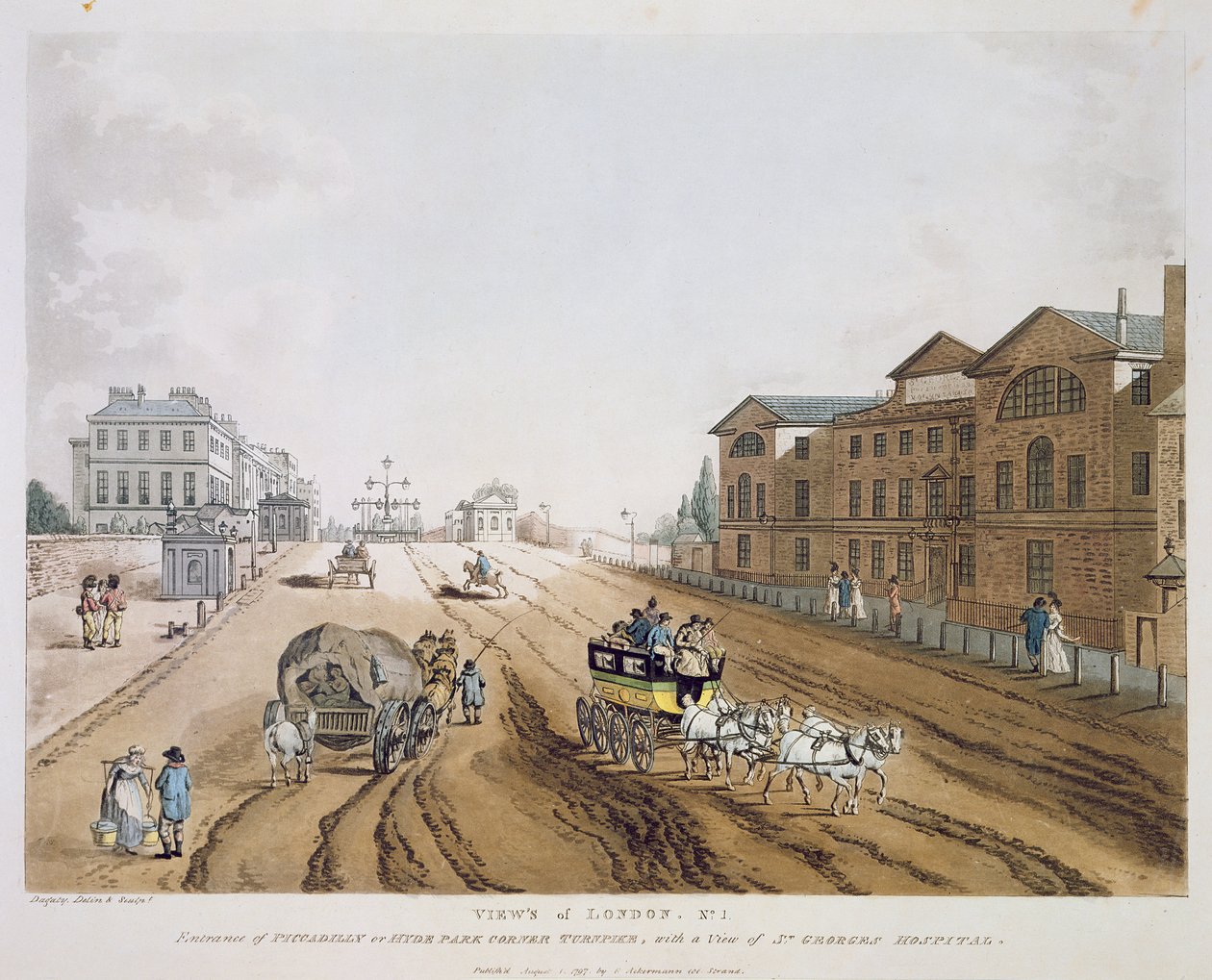 Uitzicht op Londen, 1797 (kleurgravure) door English School