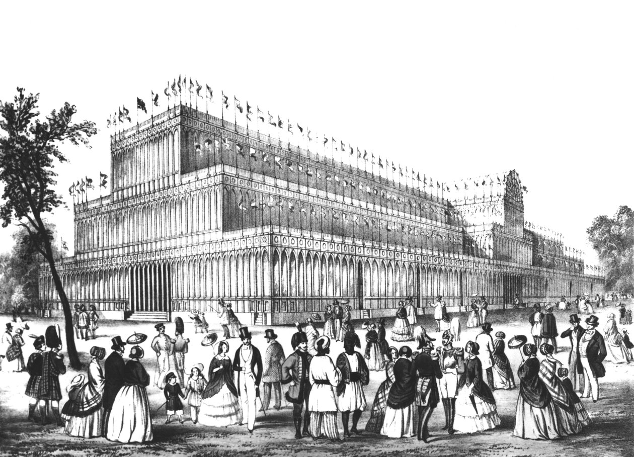 Uitzicht op de buitenkant van het Crystal Palace, gebouwd voor de Grote Tentoonstelling van 1851 door English School