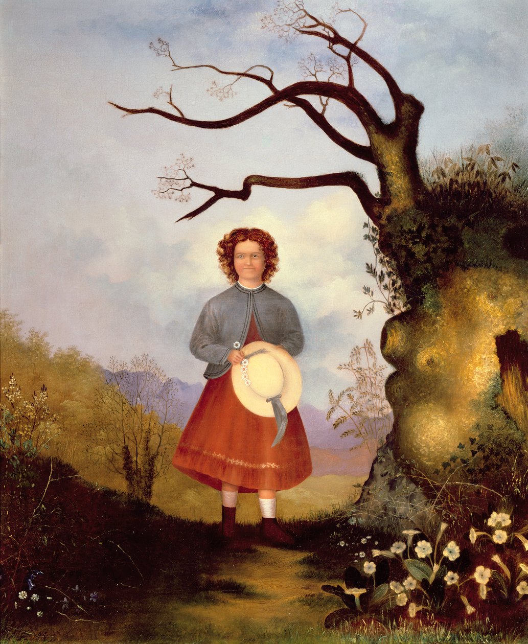 Jong Meisje in een Landschap met Sleutelbloemen, ca. 1850 door English School