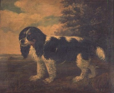 Een King Charles Spaniel in een Landschap door English School
