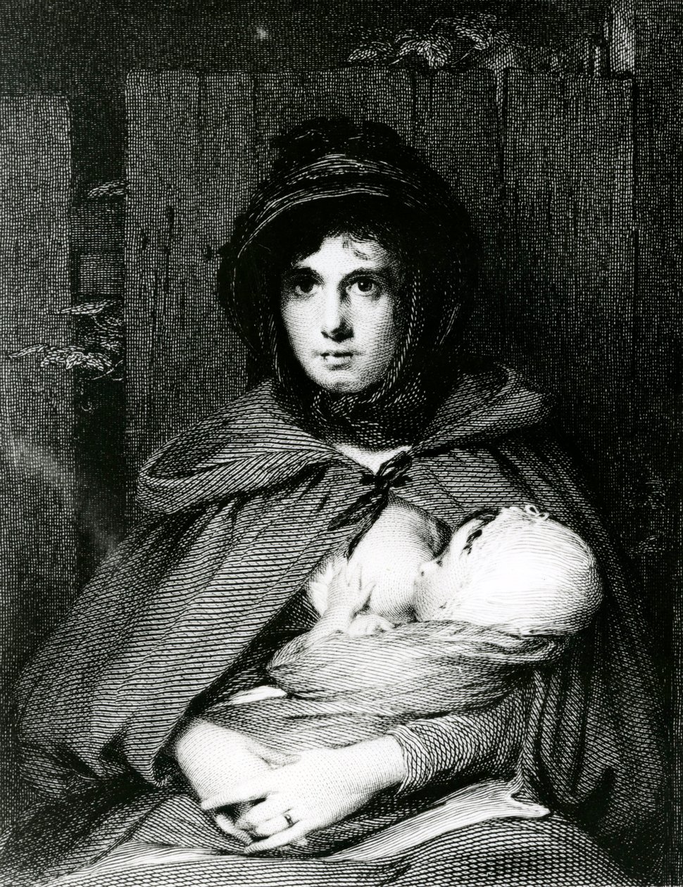 Een moeder die haar baby borstvoeding geeft (gravure) door English School