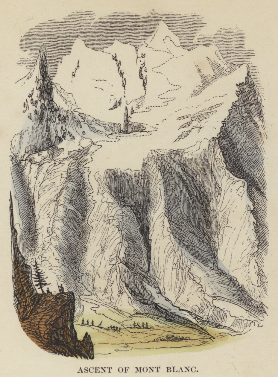 Beklimming van de Mont Blanc (gekleurde gravure) door English School