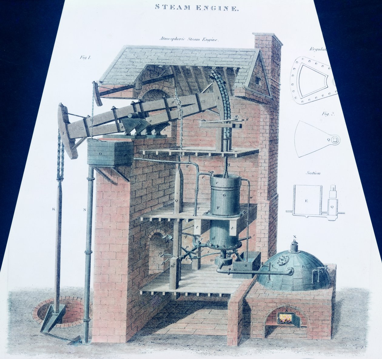 Atmosferische stoommachine (kleurengraving) door English School