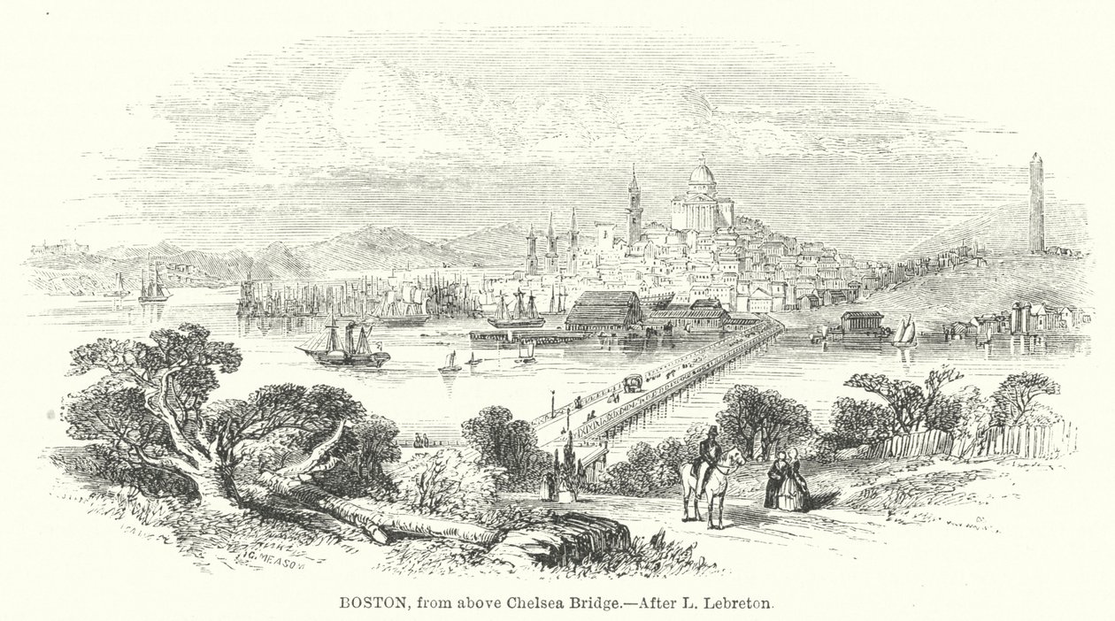 Boston, van boven Chelsea Bridge (gravure) door English School
