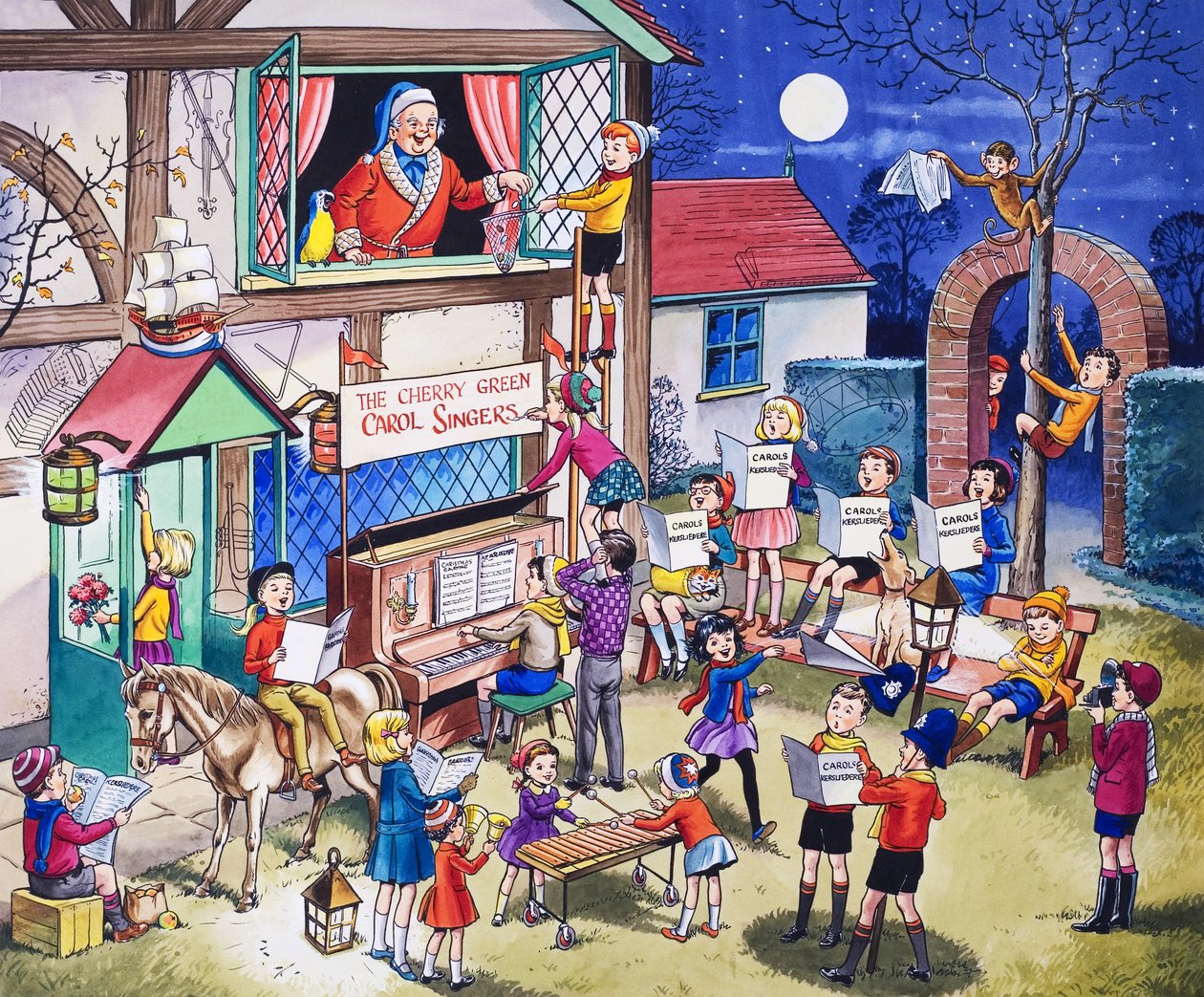 Carol Singers (gouache op papier) door English School