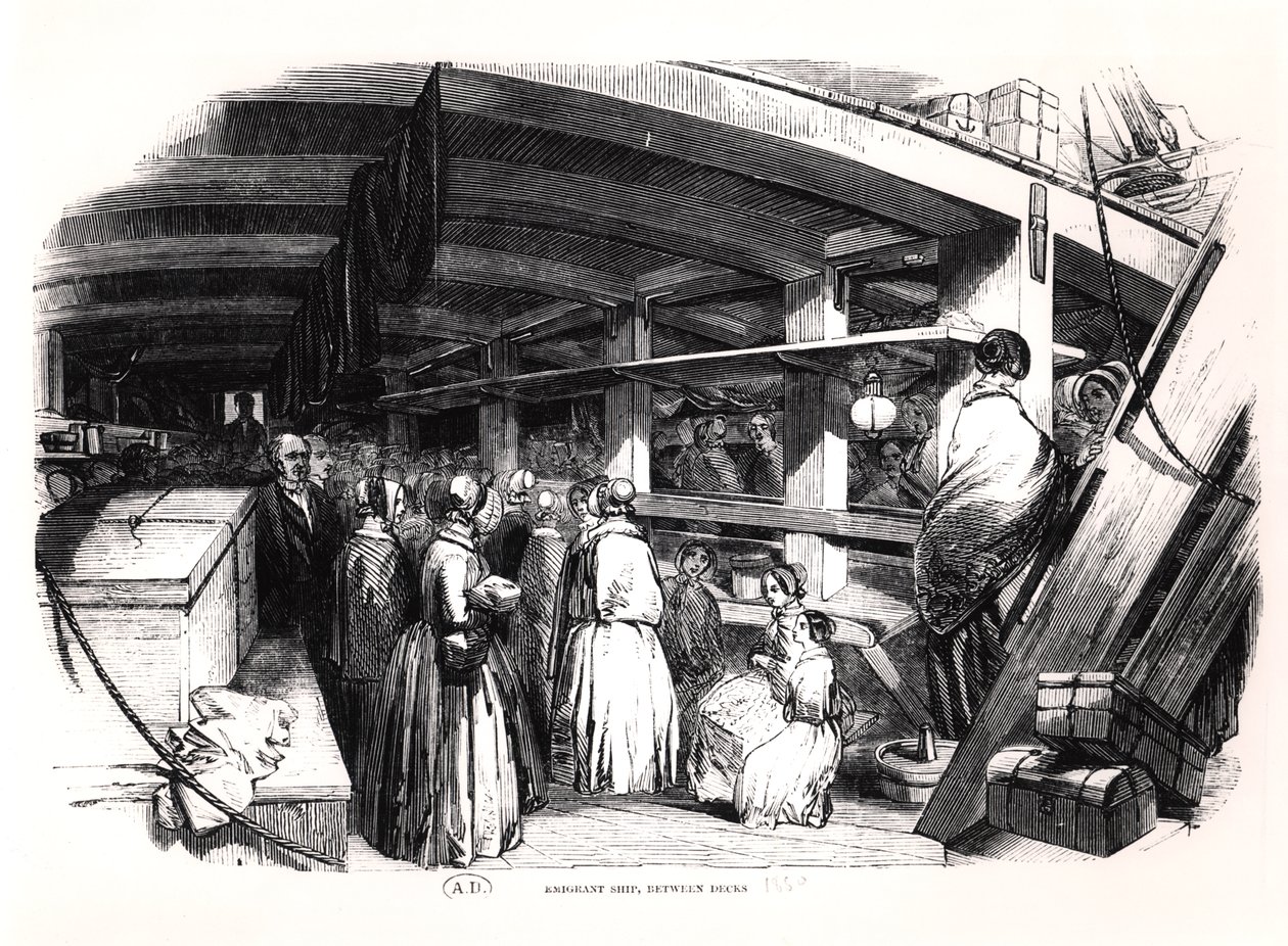 Emigrantenschip, tussen dekken, 1850 door English School