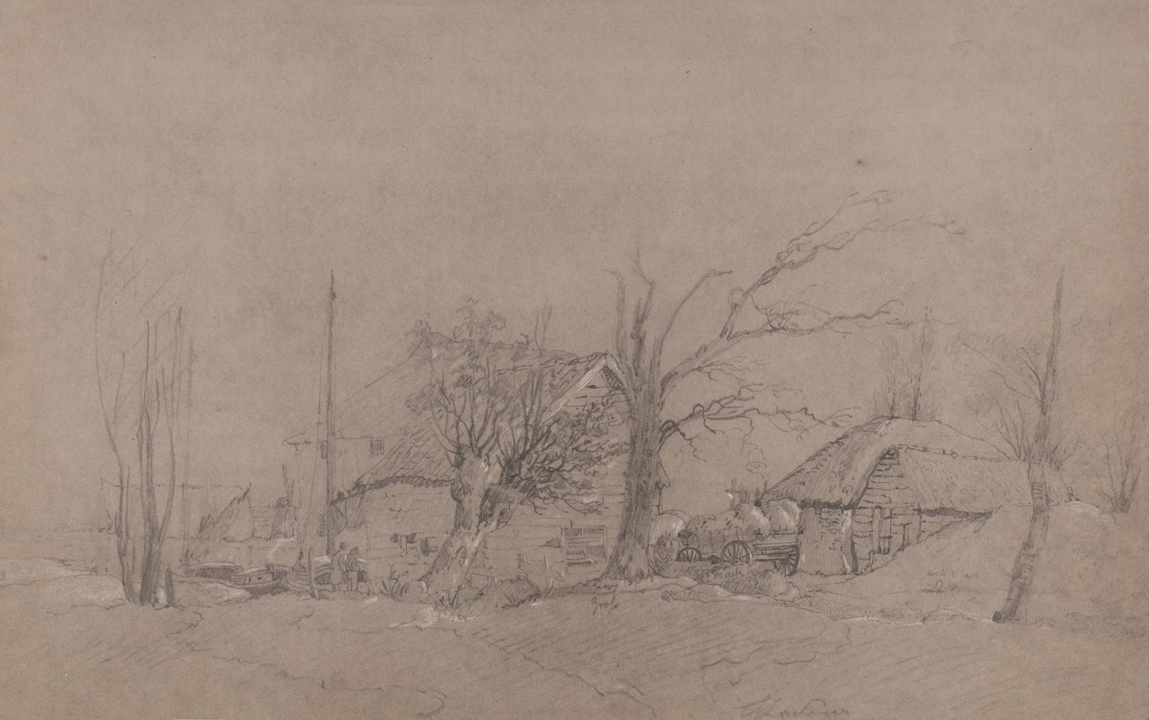 Boerderijgebouwen aan de oever van een rivier door English School