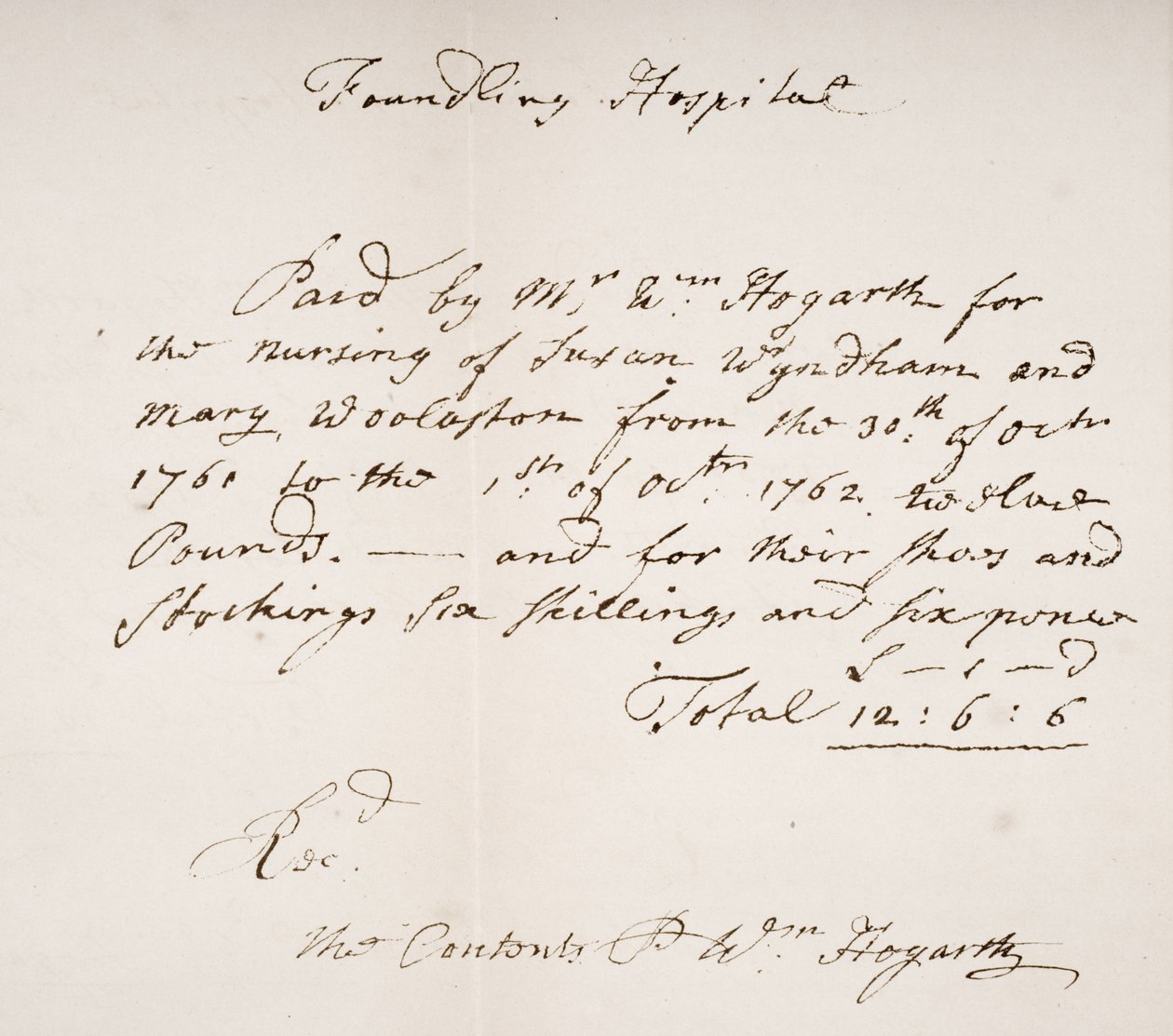 Ontvangstbewijs van het vondelingenhuis, ondertekend door William Hogarth door English School