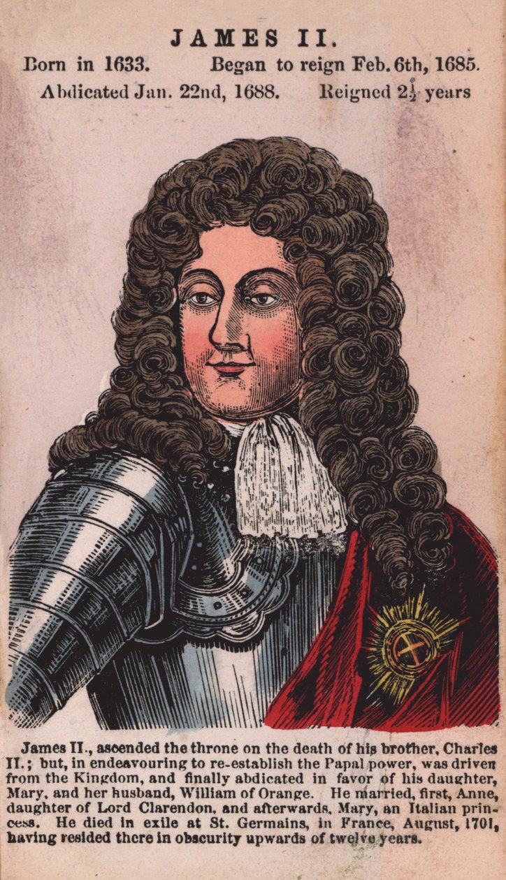 Koning Jacobus II (gekleurde gravure) door English School