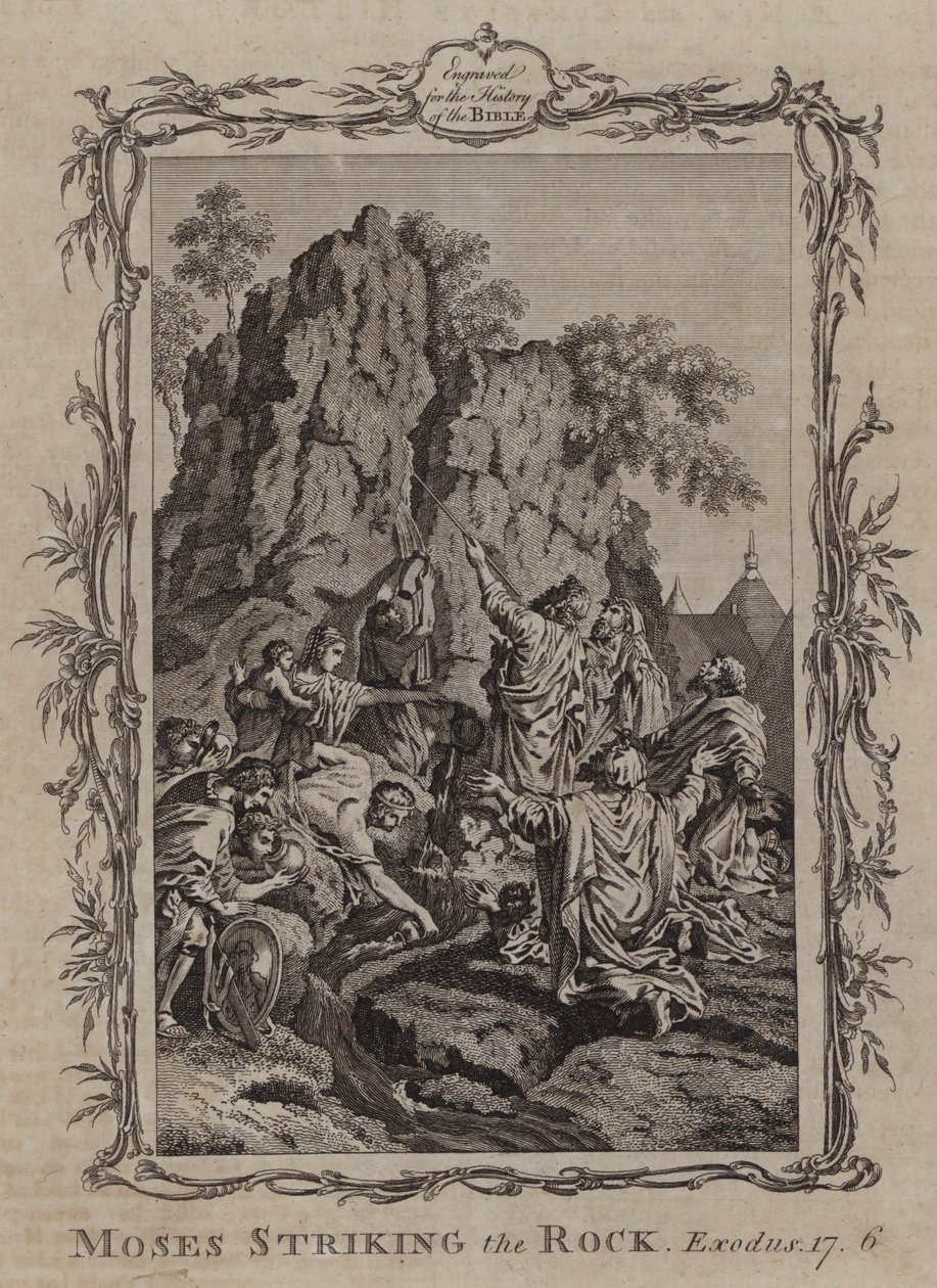 Mozes slaat op de rots (gravure) door English School