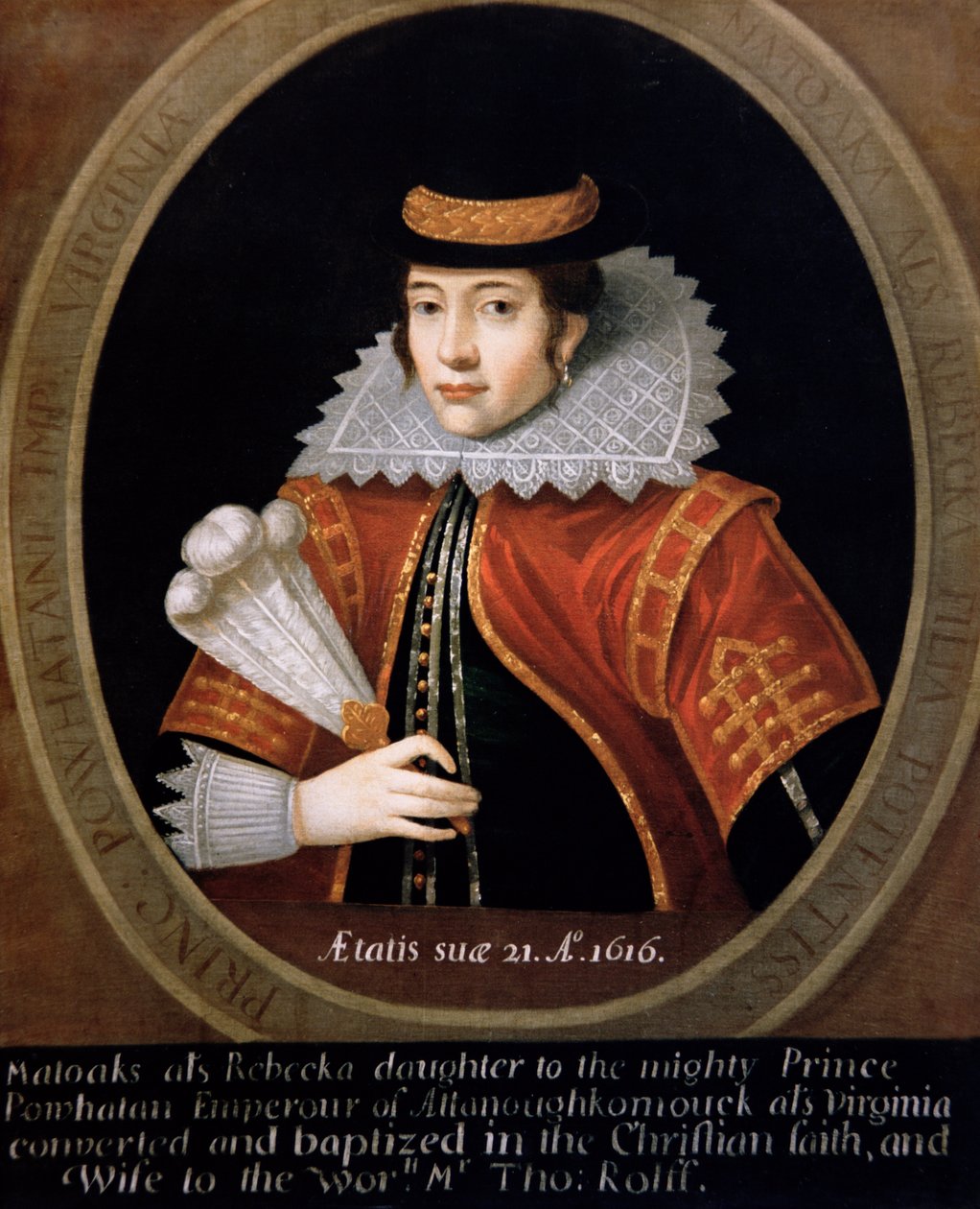 Pocahontas 1616 (olie op doek) door English School