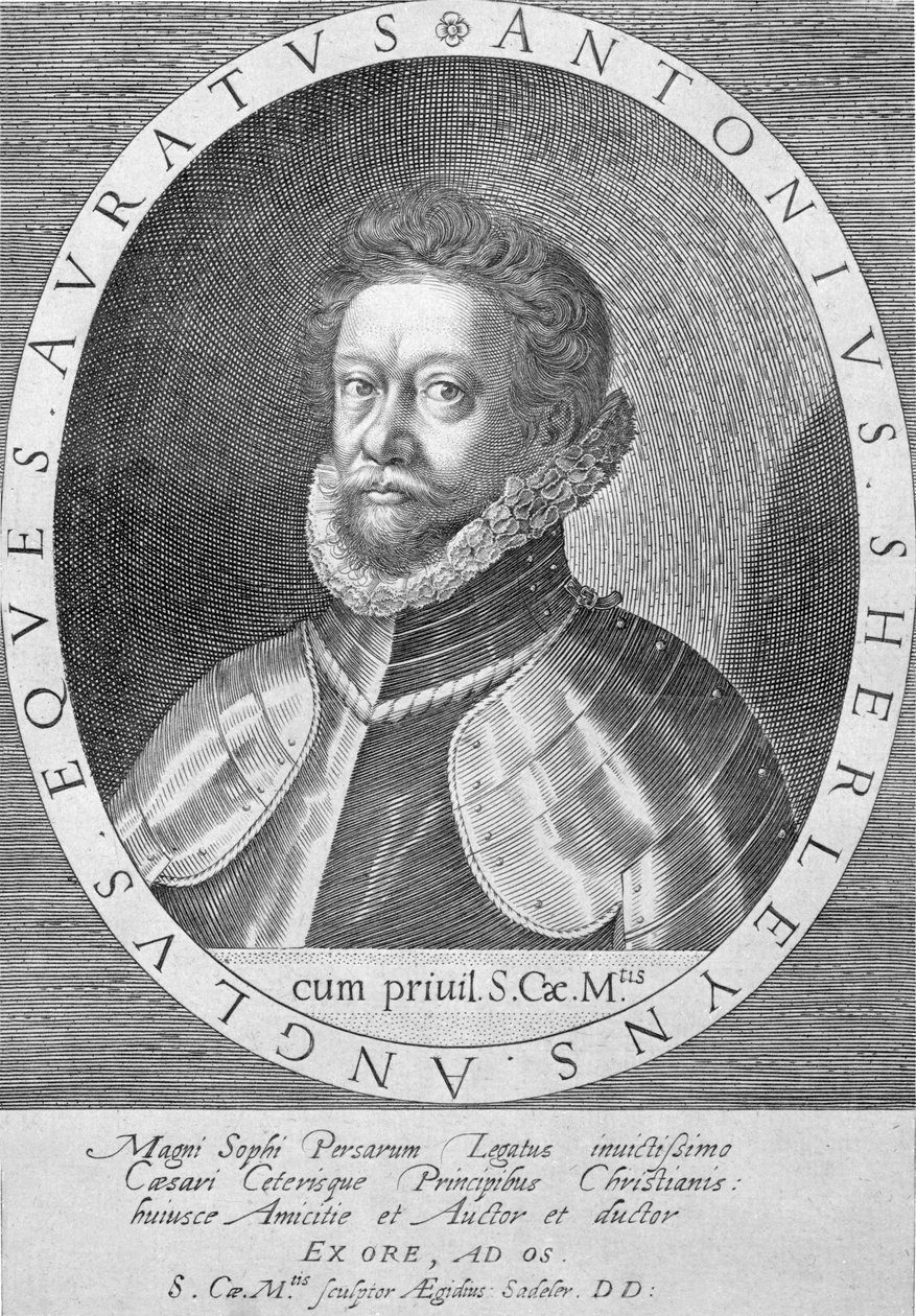 Sir Anthony Sherley (gravure) door English School