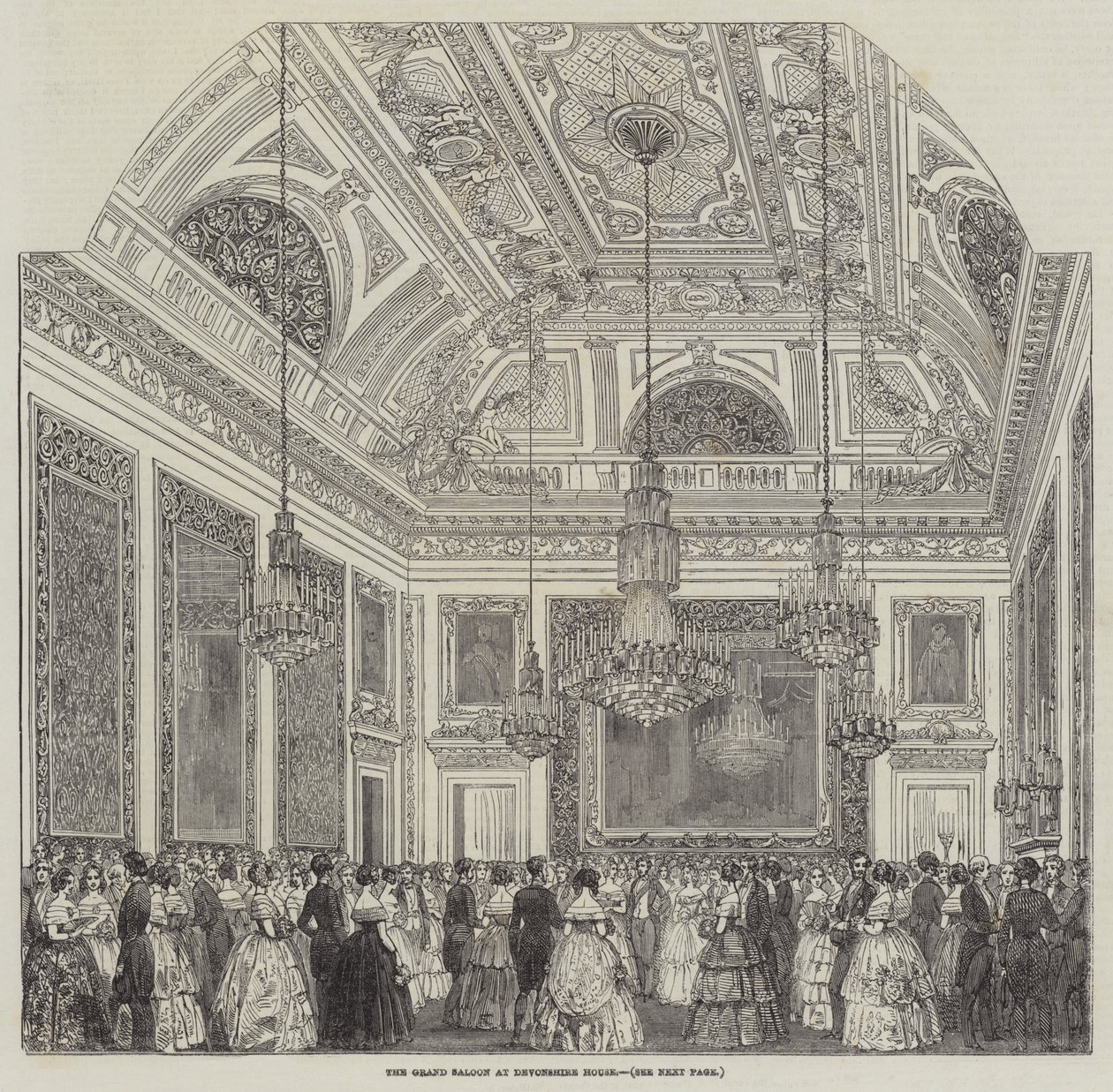 De grote salon in Devonshire House (gravure) door English School