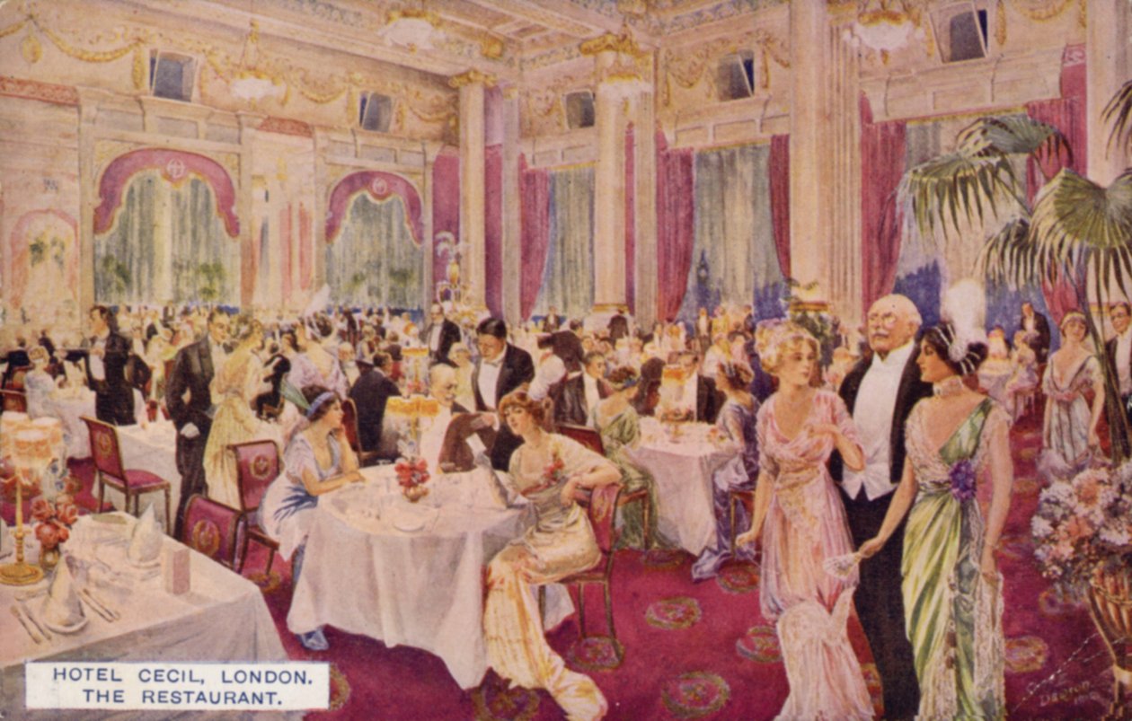 Het restaurant, Hotel Cecil, Londen (kleurenlitho) door English School