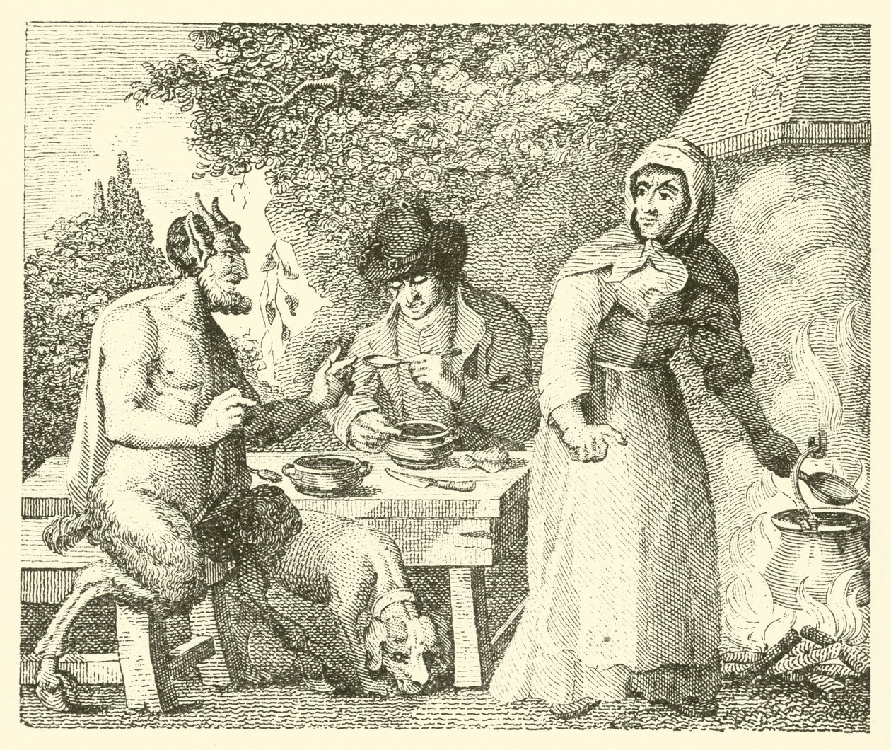 De sater en de reiziger (gravure) door English School