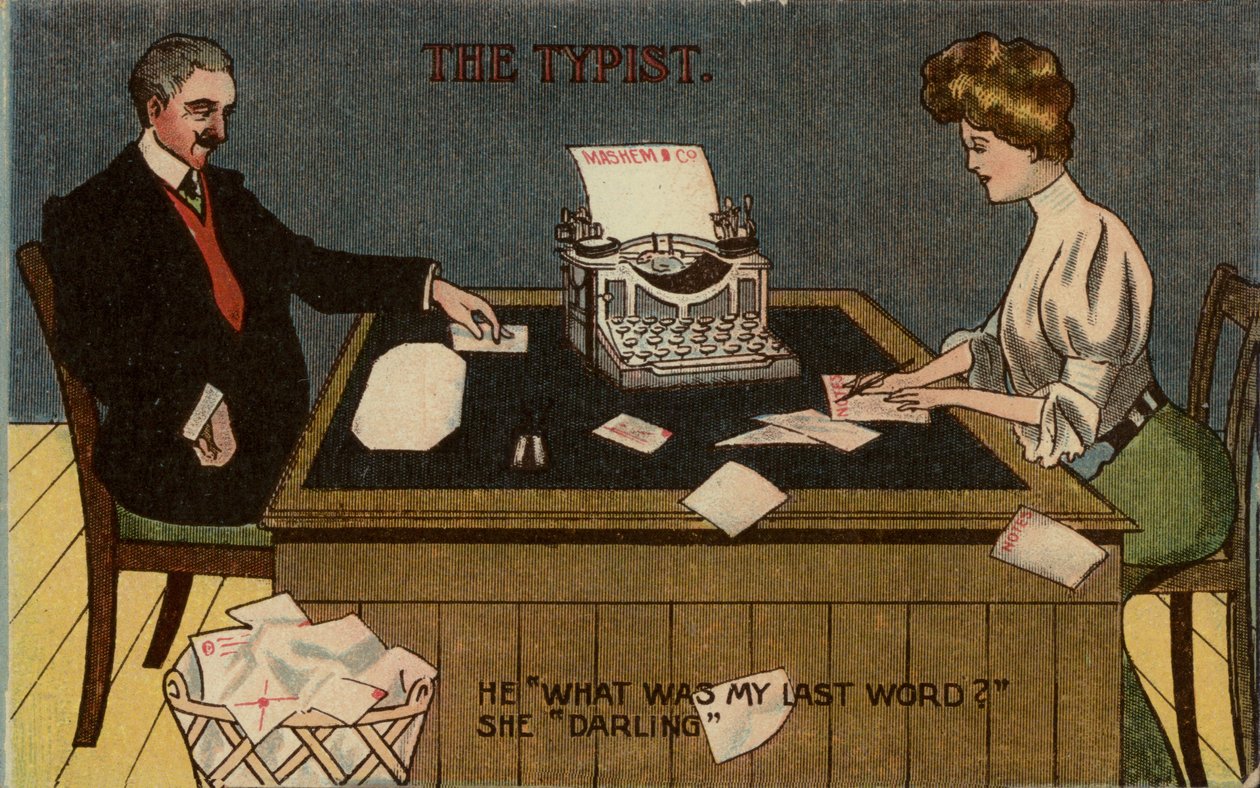 De typiste (ingekleurde gravure) door English School