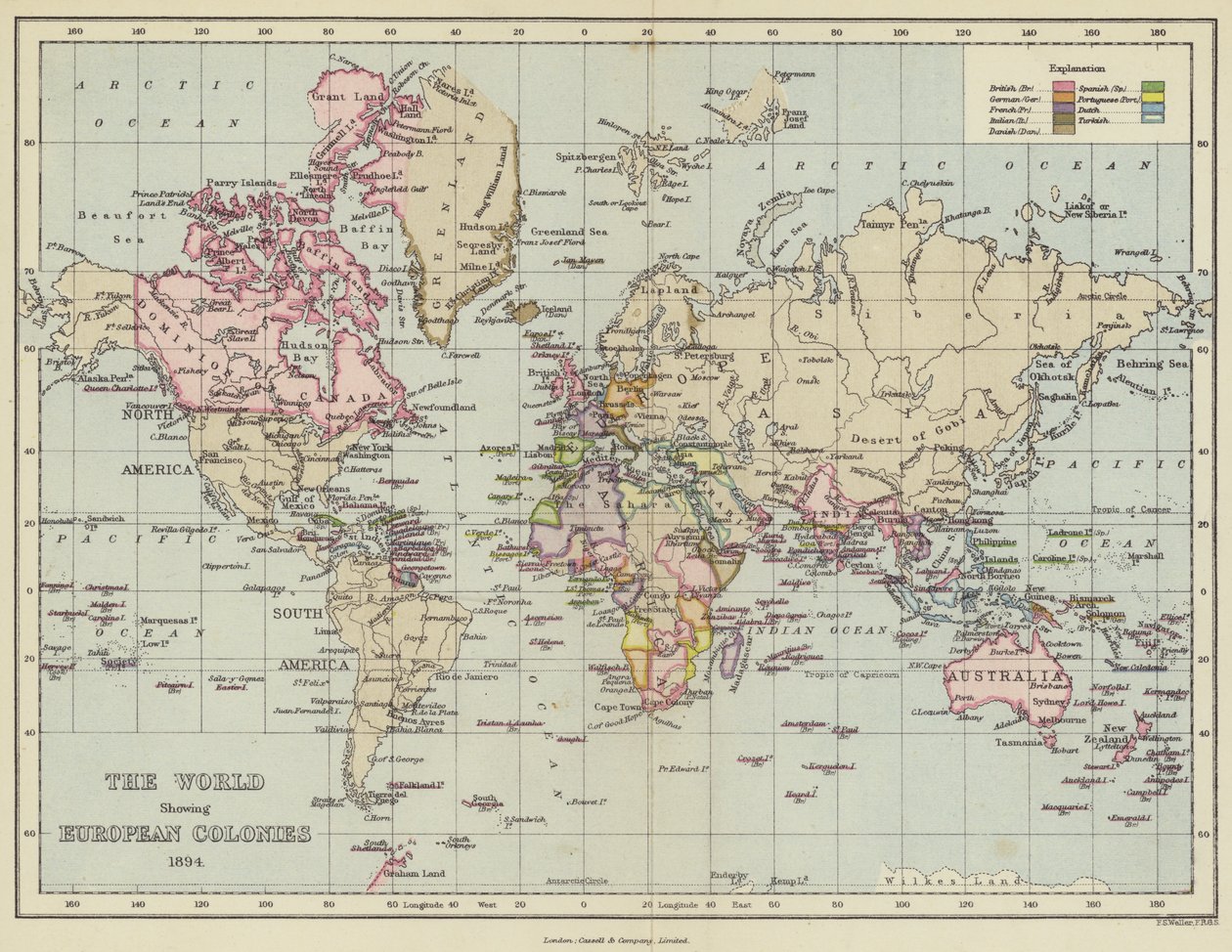 De wereld met Europese koloniën door English School