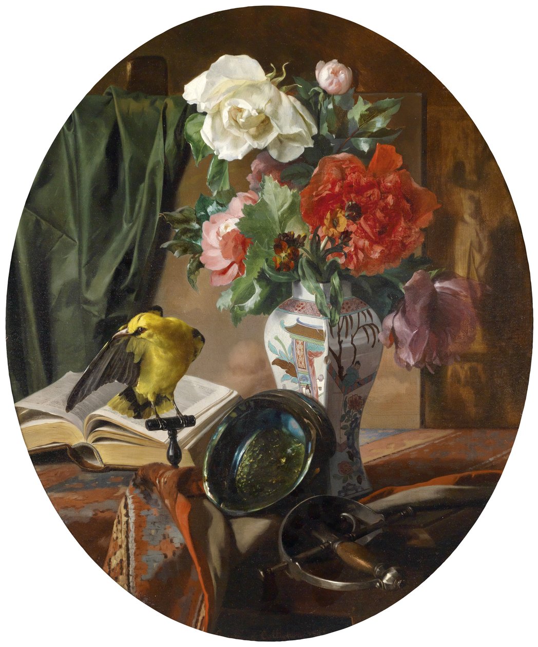 Stilleven met bloemen in een Chinese vaas, vogel en decoratieve voorwerpen door Ennemond Collignon