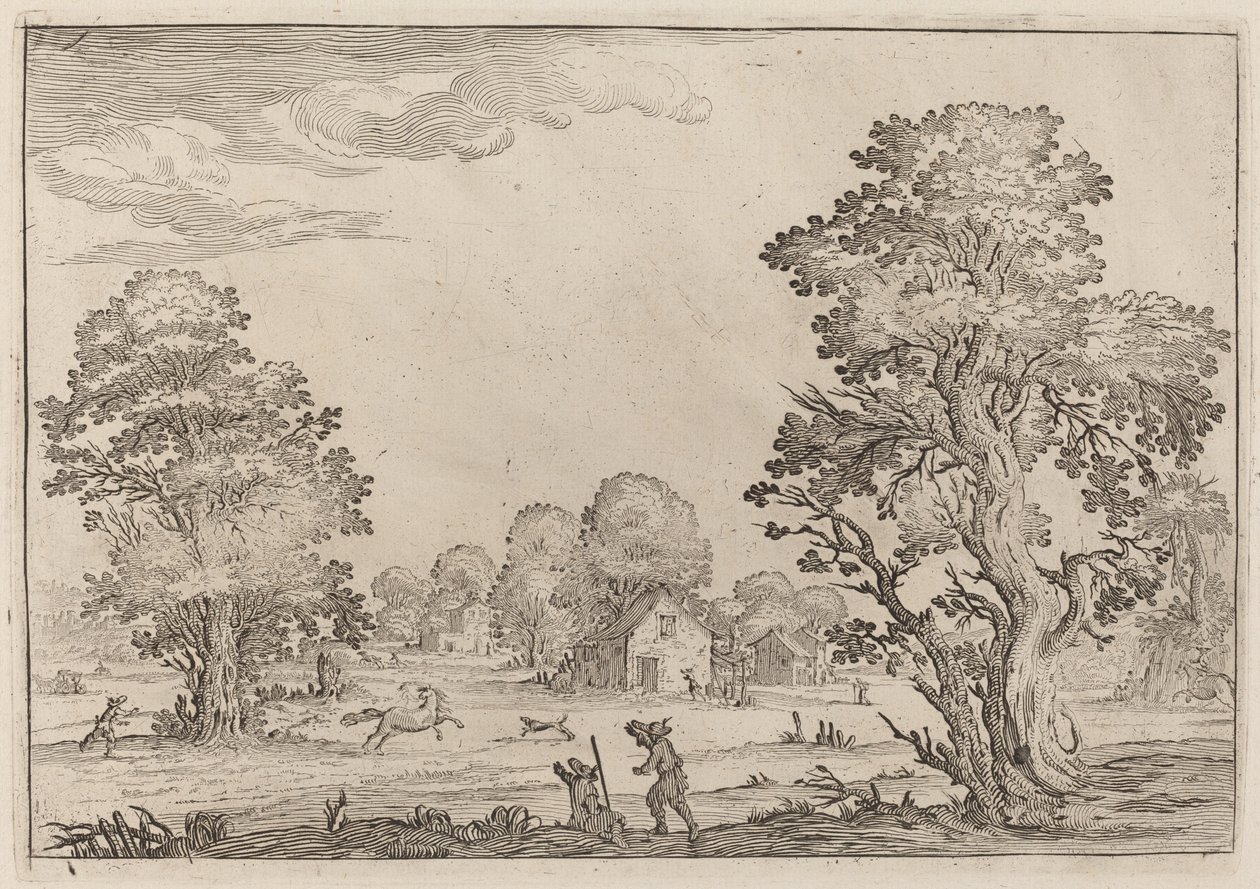 Landschap met op hol geslagen paarden door Ercole Bazicaluva