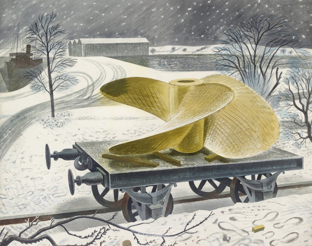 Scheepsschroef op een Spoorwegwagen door Eric Ravilious
