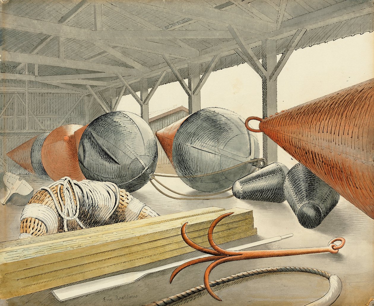 Boeien en grijphaak, 1933 door Eric Ravilious