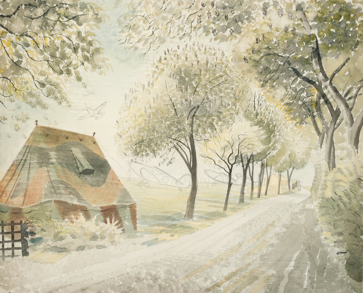 Weg bij een vliegveld, ca. 1942 door Eric Ravilious