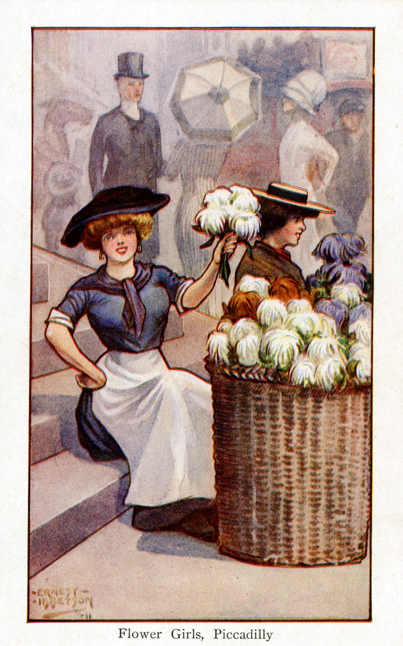 Bloemenverkopers aan het werk, Piccadilly, Londen door Ernest Ibbetson