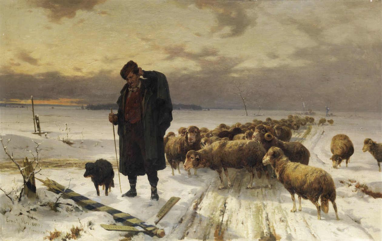 Herder met kudde in winterlandschap door Adolf Ernst Meissner