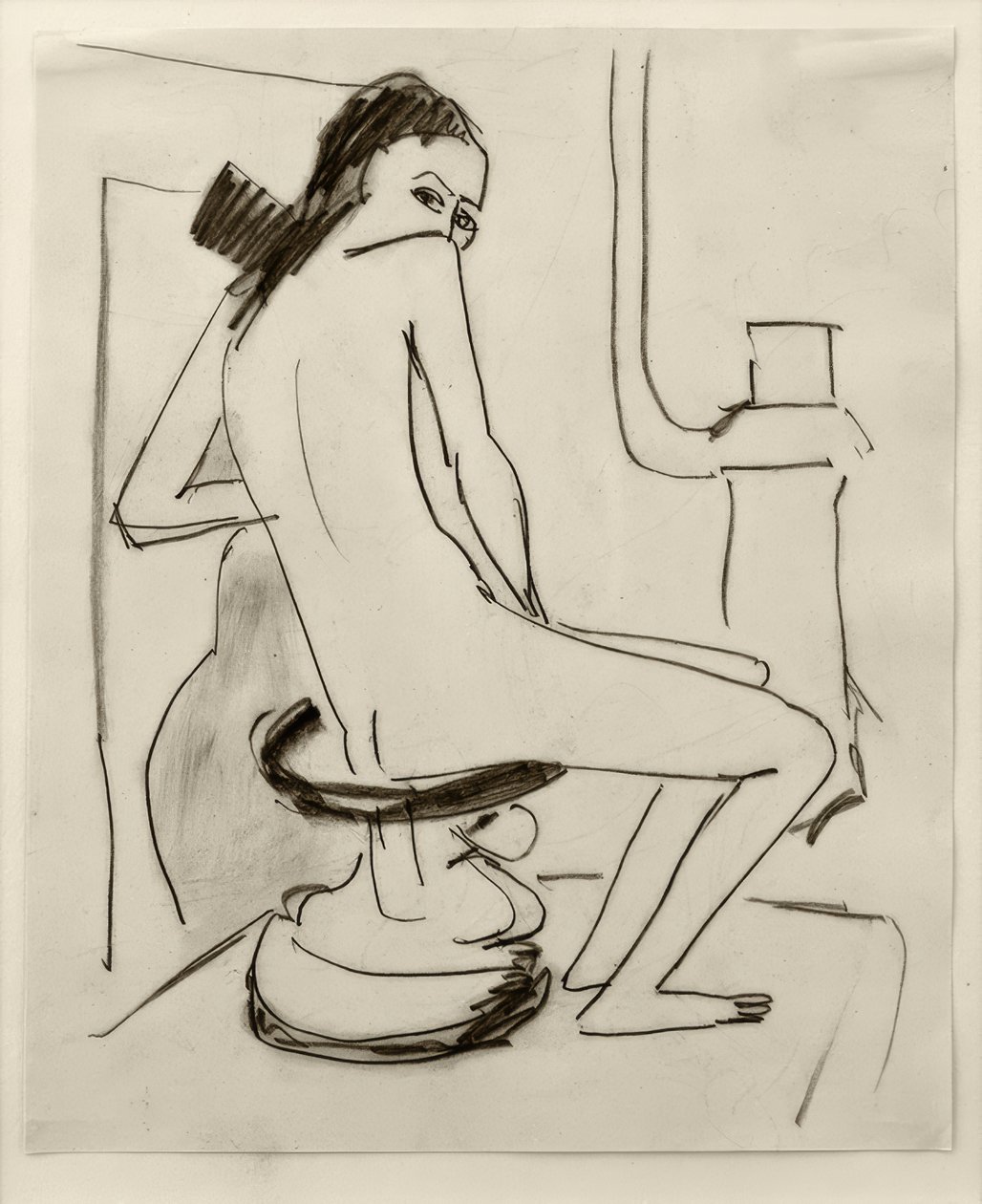 Zonder titel (Marcella op gesneden Afrikaanse kruk met oven) door Ernst Ludwig Kirchner