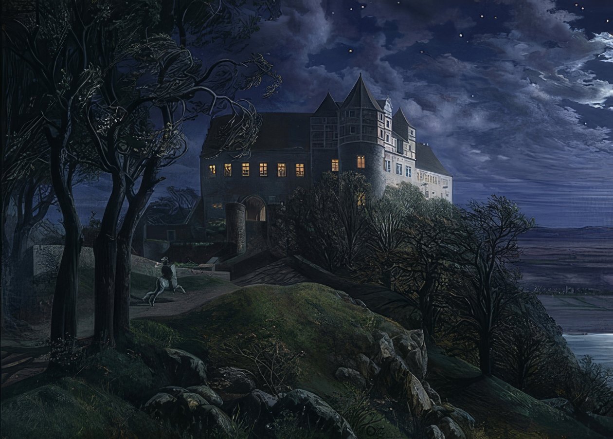 Kasteel Scharfenberg bij nacht door Ernst Ferdinand Oehme