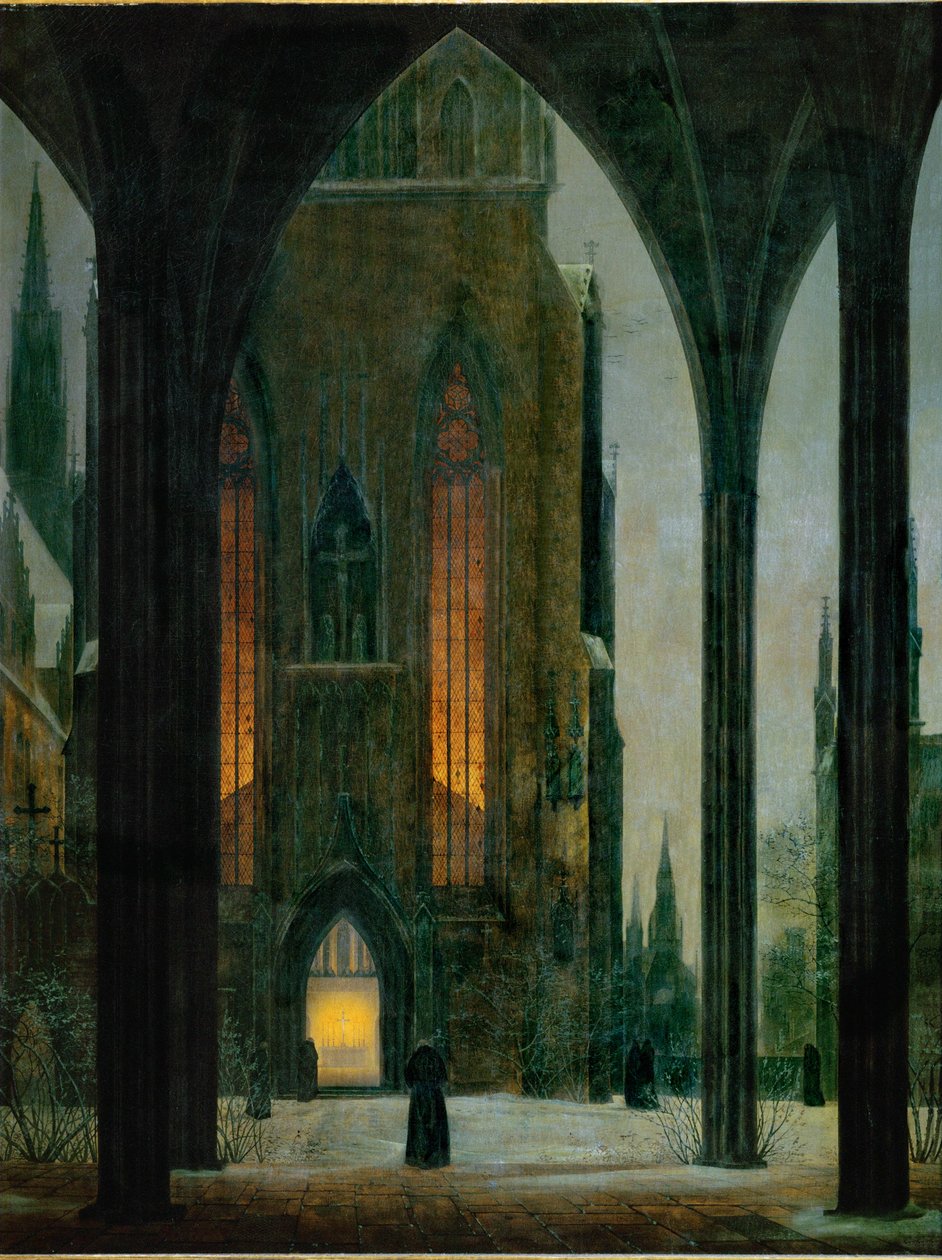 Kathedraal in de winter ... (olieverf op doek) door Ernst Ferdinand Oehme