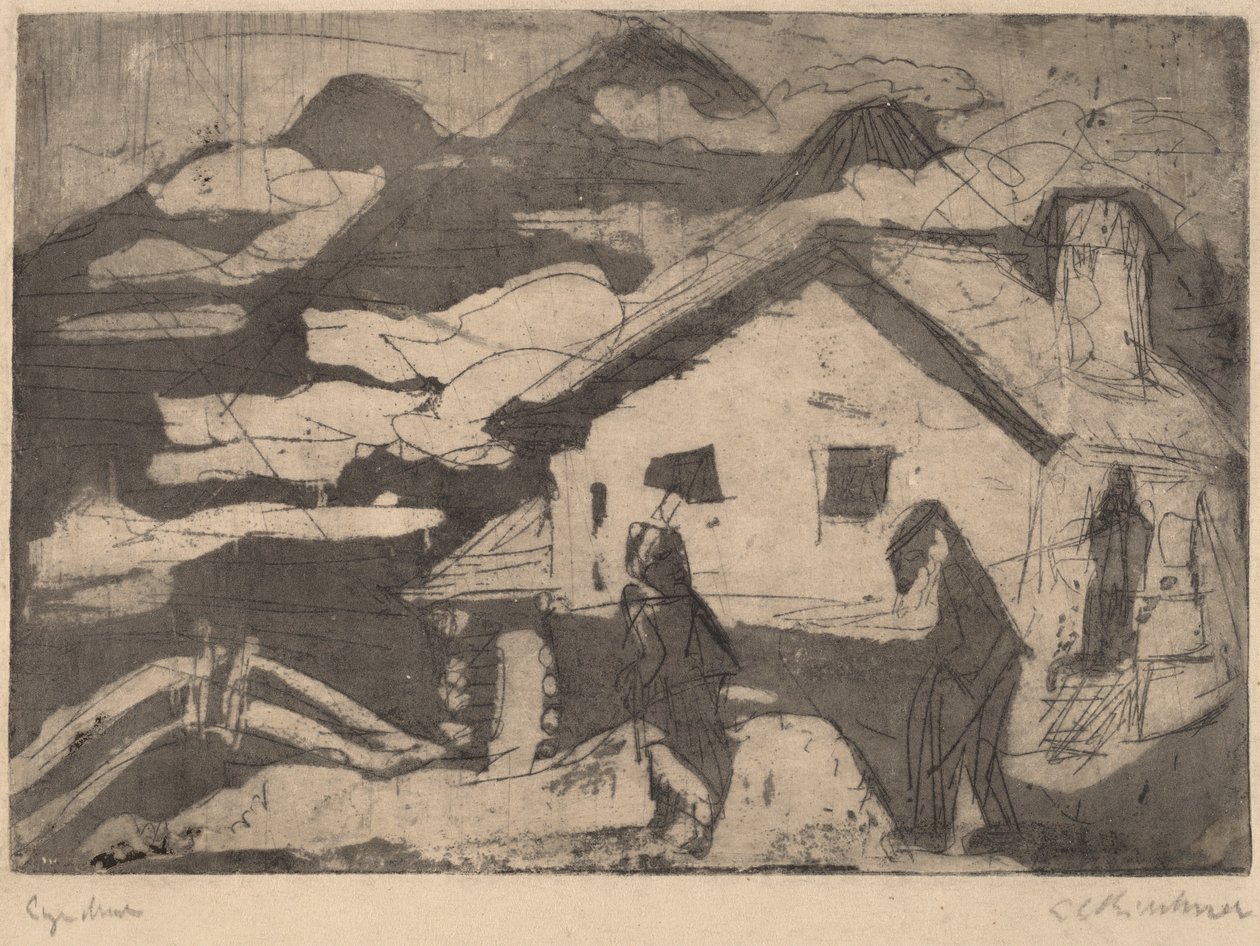 Alpenhutten in Mist door Ernst Ludwig Kirchner