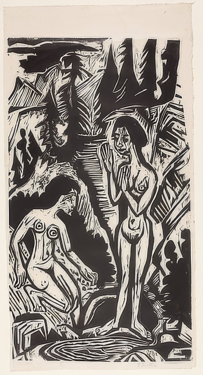 Baden in rotsen door Ernst Ludwig Kirchner