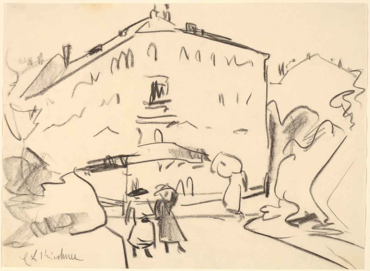 Huizen in Dresden met Wandelende Mensen door Ernst Ludwig Kirchner