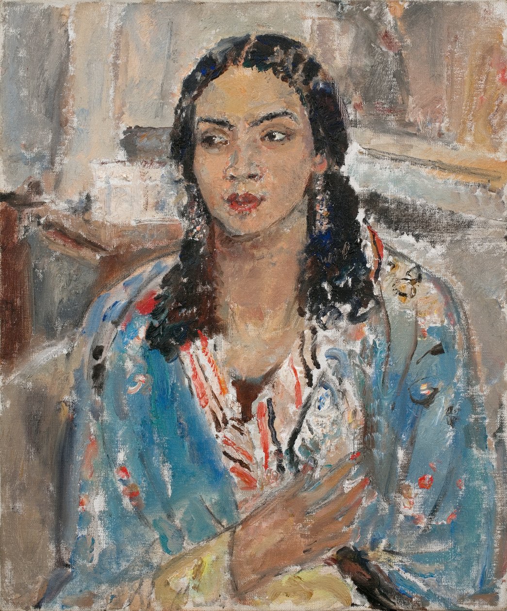 De blauwe jas (olieverf op doek) door Ethel Walker