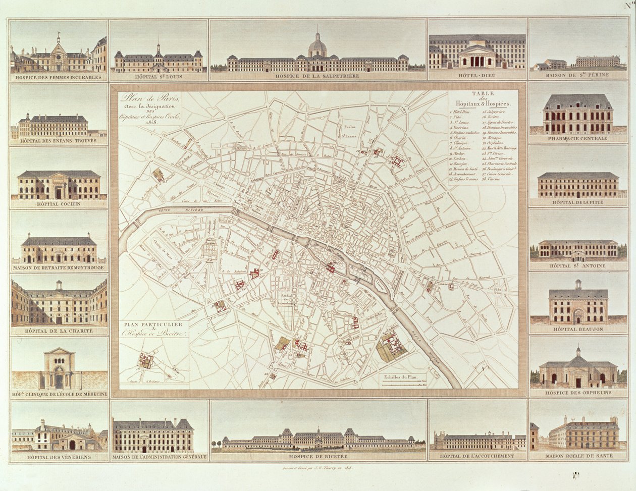 Plan van Parijs met aanduiding van burgerlijke ziekenhuizen en huizen, 1818, gepubliceerd in 1820 door Etienne Jules Thierry