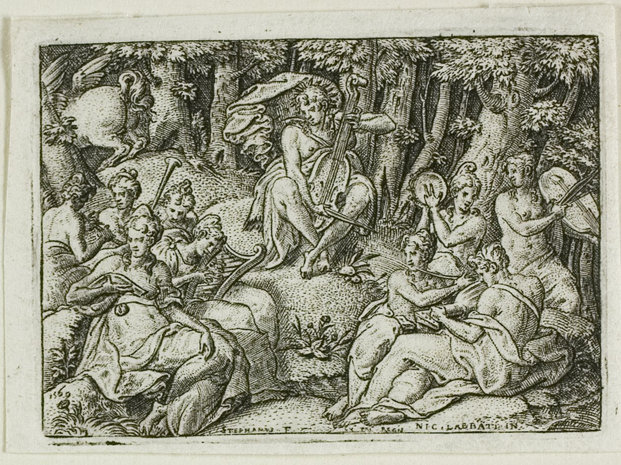 Apollo en de Muzen door Etienne Delaune