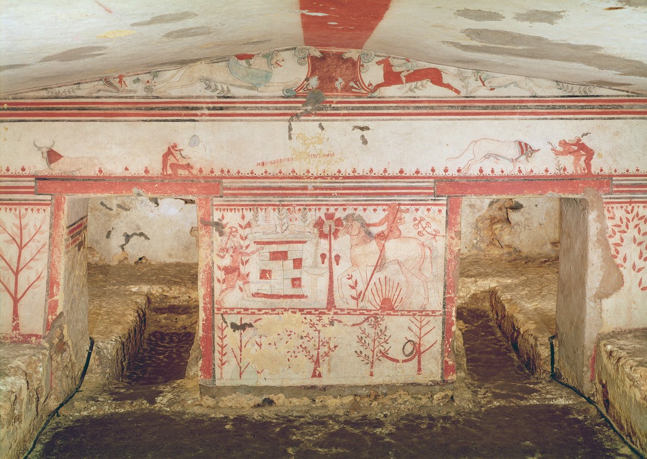 Achilles die Troilus in een hinderlaag lokt, uit het graf van de stieren, ca. 550 v.Chr. door Etruscan