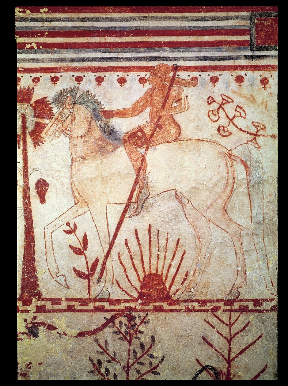 De Hinderlaag van de Trojaanse Prins Troilus door Achilles, uit het Graf van de Stieren (Tomba del Tori) c.540 v.Chr. (muurschildering) door Etruscan