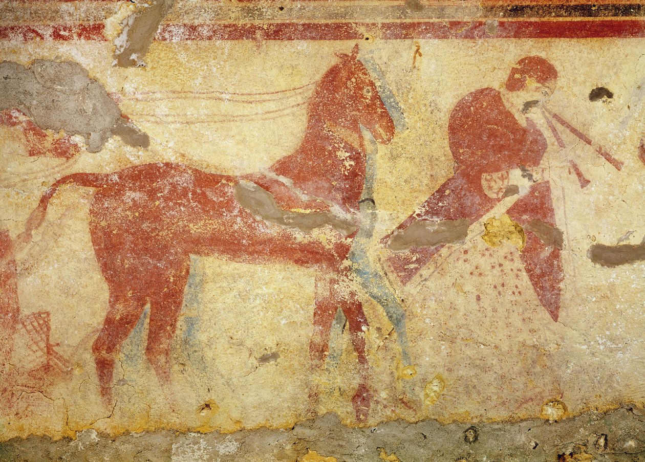 Twee paarden en een muzikant, uit het graf van de Giustiniani, midden 5e eeuw v.Chr. door Etruscan