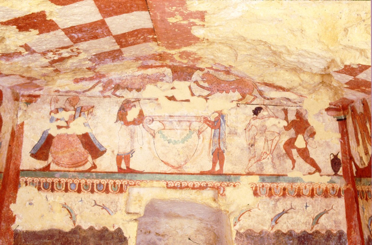 Muur met muzikanten, dansers en dolfijnen, uit het graf van de Leeuwinnen in de necropolis, ca. 520 v.Chr. door Etruscan