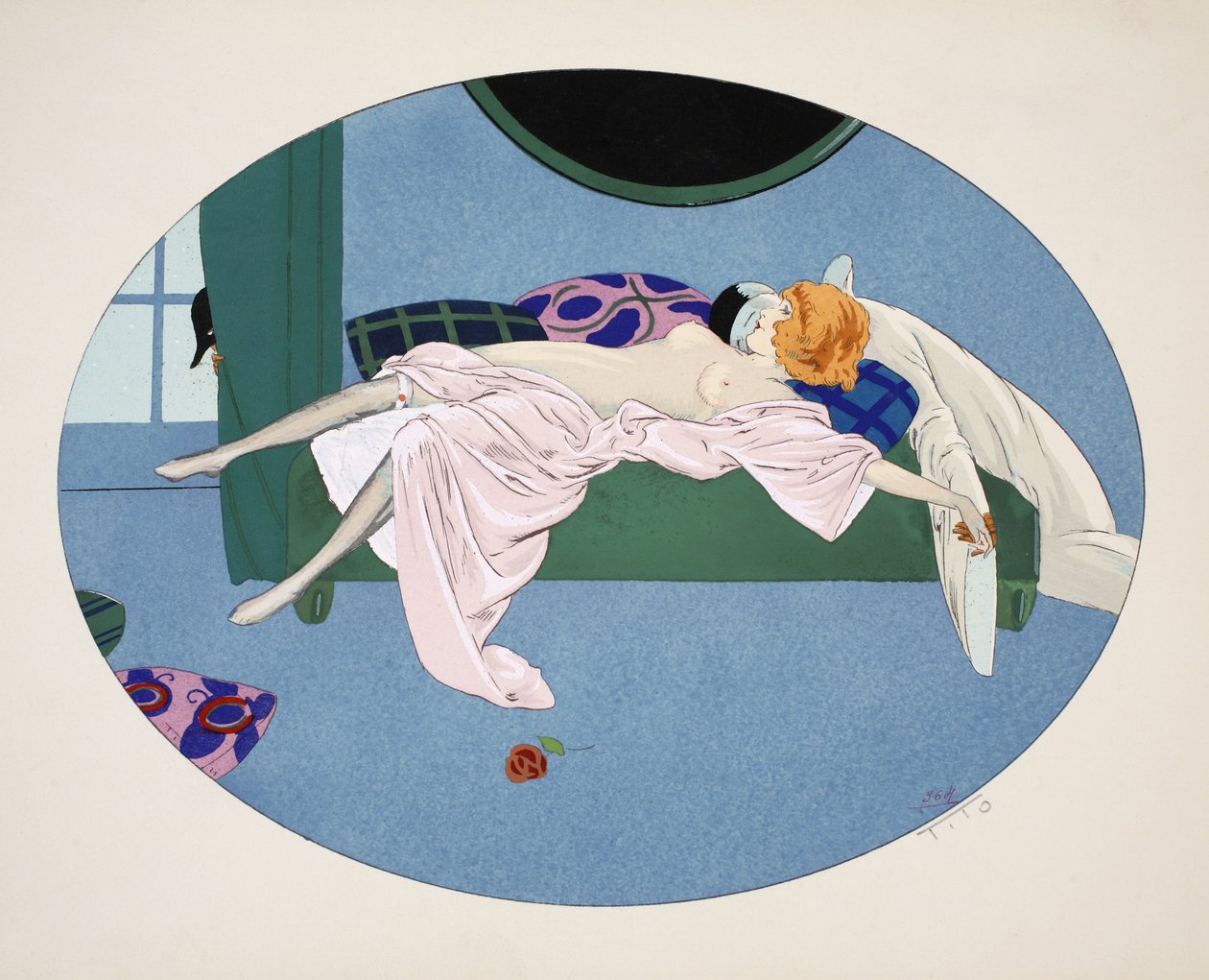 De vijf zintuigen - Het gehoor, het zicht, de geur, de tast en de smaak, gepubliceerd in Parijs, 1925 door Ettore Tito