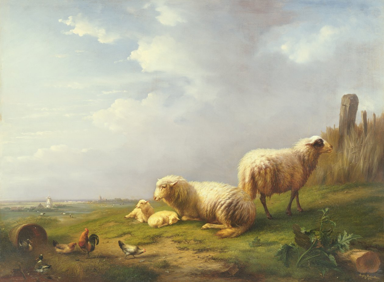 Schapen en kippen in een landschap, 19e eeuw door Eugene Joseph Verboeckhoven