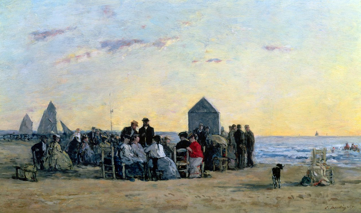 Strandscène in Trouville - Zonsondergang, 1867 door Eugene Louis Boudin