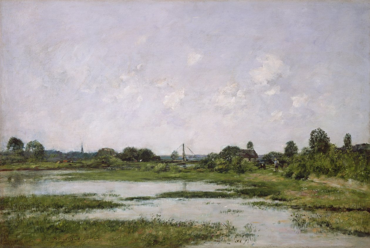 De oevers van de rivier Touques bij Trouville tijdens de springvloed door Eugene Louis Boudin